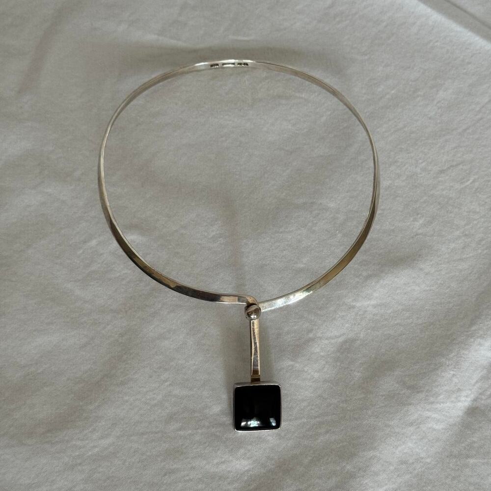 Vintage Mexican 925 Sterling Silver Black Onyx Collar Choker Necklace